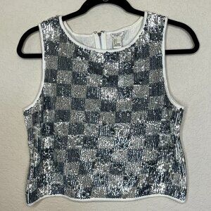Forever 21 Sequin Tank Silver Checkered Sleeveless Crop Top w/ Back Zipper sz S